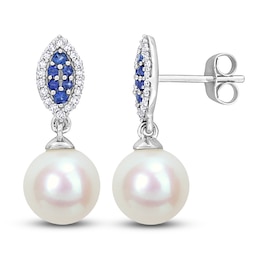 Freshwater Cultured Pearl & Natural Blue Sapphire Drop Earrings 1/8 ct tw Diamonds 14K White Gold