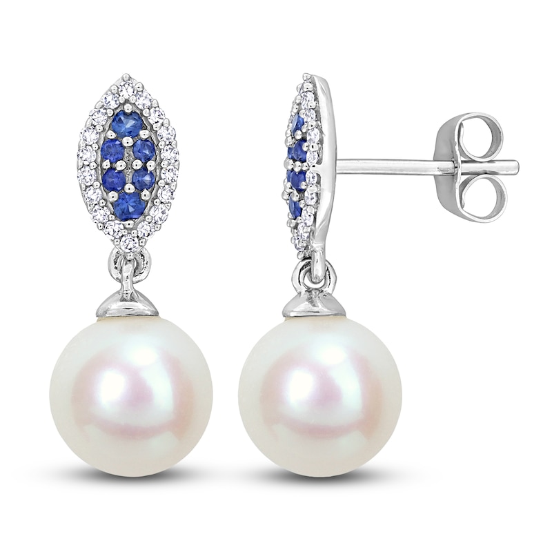 Freshwater Cultured Pearl & Natural Blue Sapphire Drop Earrings 1/8 ct tw Diamonds 14K White Gold
