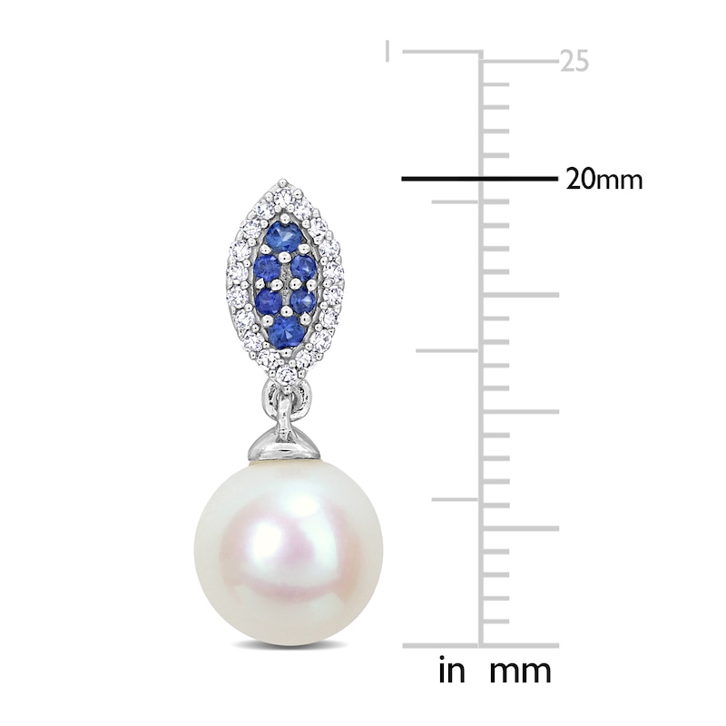 Freshwater Cultured Pearl & Natural Blue Sapphire Drop Earrings 1/8 ct tw Diamonds 14K White Gold
