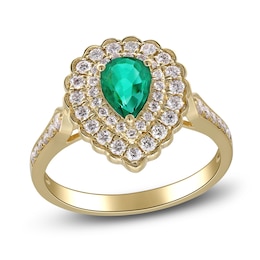 Pear-Shaped Natural Emerald Halo Engagement Ring 1/2 ct tw 14K Yellow Gold