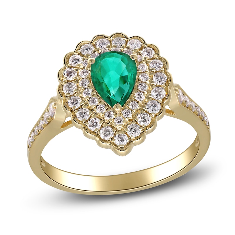 Main Image 1 of Pear-Shaped Natural Emerald Halo Engagement Ring 1/2 ct tw 14K Yellow Gold