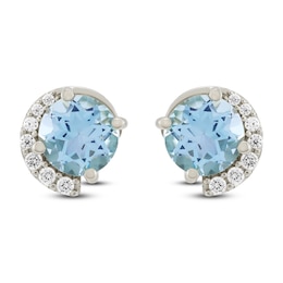 Natural Swiss Blue Topaz & Diamond Stud Earrings 1/10 ct tw 10K White Gold