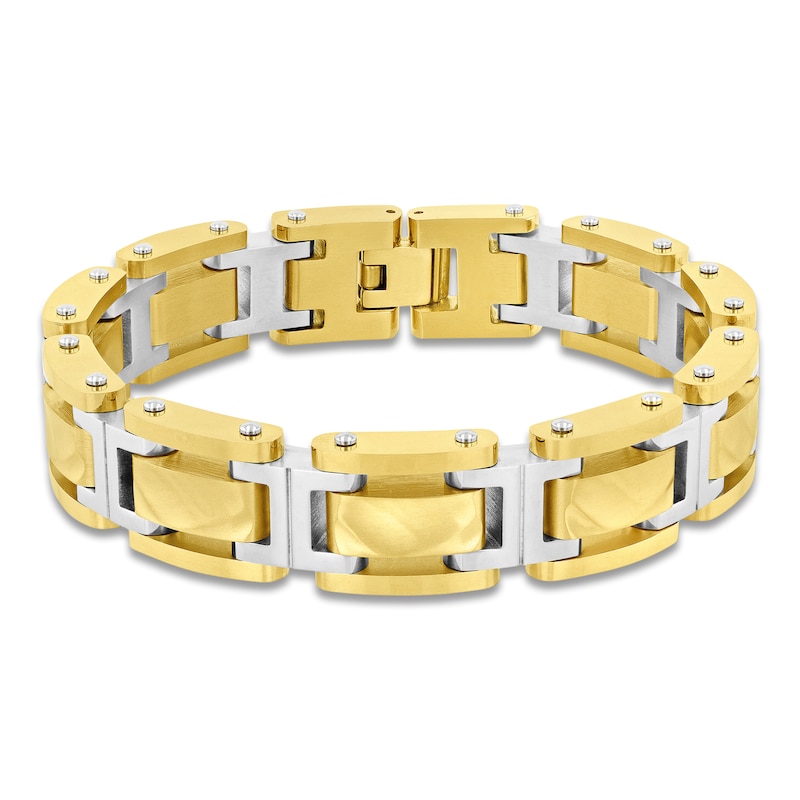 Men's Hammered Link Bracelet Stainless Steel & Yellow Ion Plating 8.5"