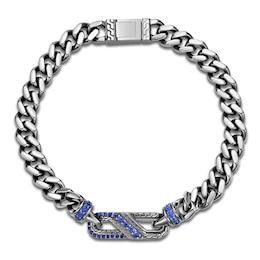 Men's Blue Lab-Created Sapphire Curb Chain Bracelet Sterling Silver 8.5&quot;