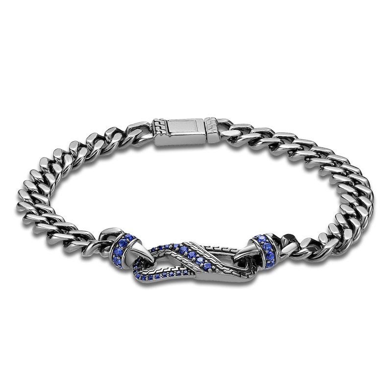 Men's Blue Lab-Created Sapphire Curb Chain Bracelet Sterling Silver 8.5"