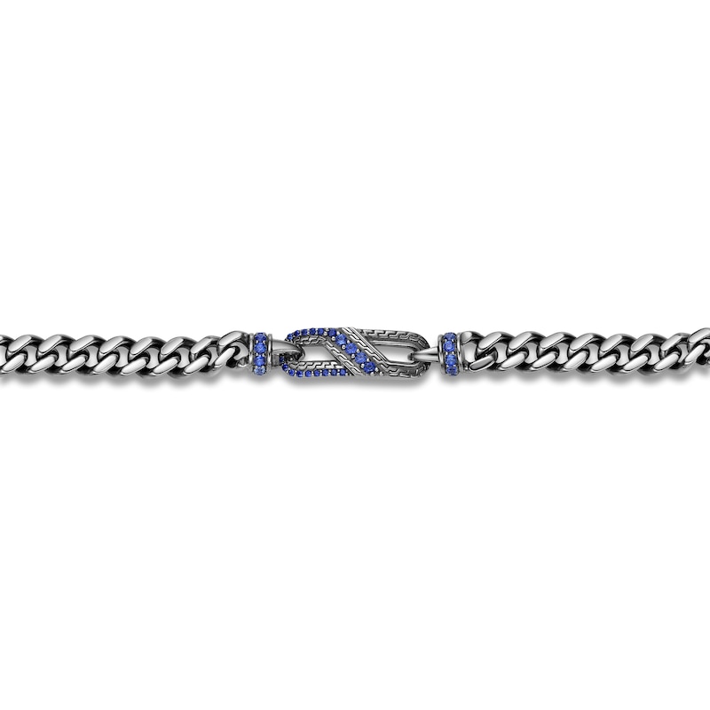 Men's Blue Lab-Created Sapphire Curb Chain Bracelet Sterling Silver 8.5"