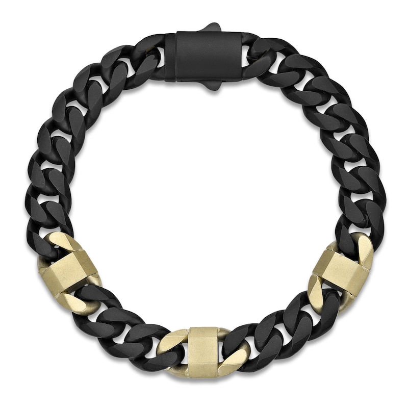 Main Image 2 of Men's Cuban Chain Bracelet 10mm Black & Yellow Ion-Plated Stainless Steel 8.5&quot;