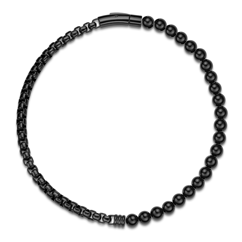 Main Image 2 of Men's Natural Black Agate Bead & Box Chain Layered Bracelet Black Ion-Plated Stainless Steel 8.5&quot;