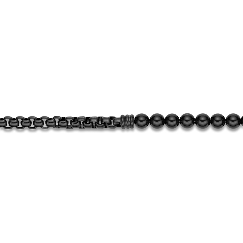 Main Image 3 of Men's Natural Black Agate Bead & Box Chain Layered Bracelet Black Ion-Plated Stainless Steel 8.5&quot;