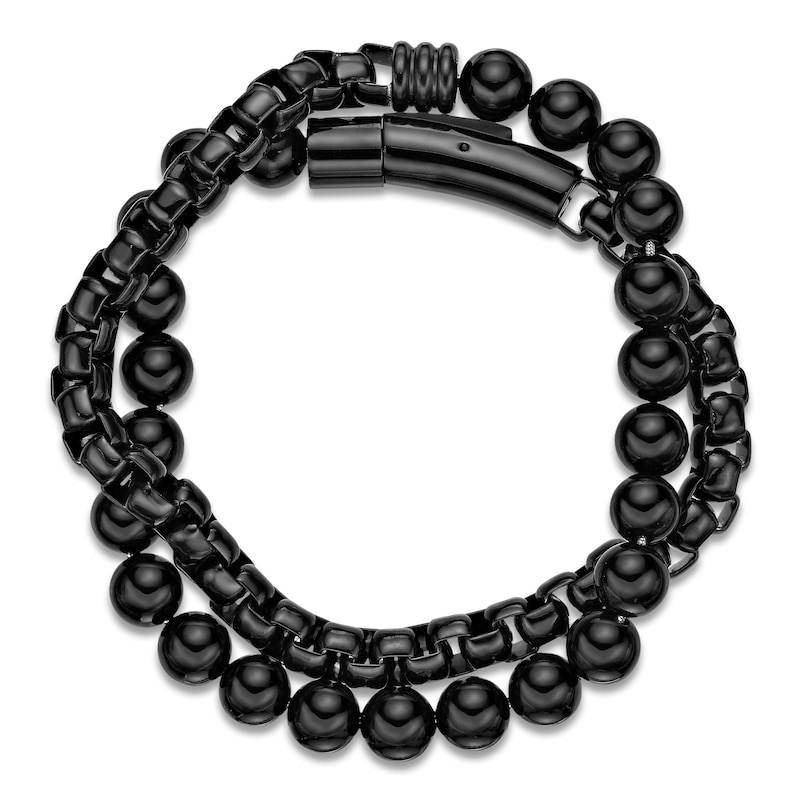 Main Image 5 of Men's Natural Black Agate Bead & Box Chain Layered Bracelet Black Ion-Plated Stainless Steel 8.5&quot;