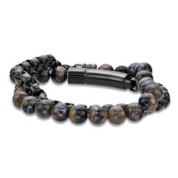 Men's Natural Tiger's Eye Quartz Bead & Box Chain Layered Bracelet Black Ion-Plated Stainless Steel 8.5&quot;