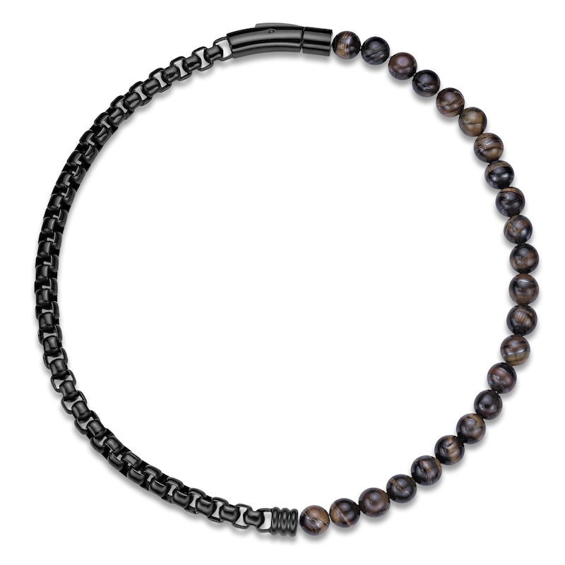 Men's Natural Tiger's Eye Quartz Bead & Box Chain Layered Bracelet Black Ion-Plated Stainless Steel 8.5"