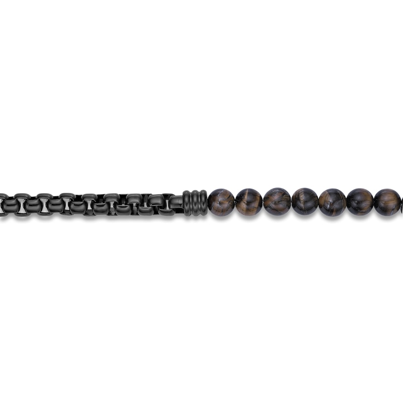 Men's Natural Tiger's Eye Quartz Bead & Box Chain Layered Bracelet Black Ion-Plated Stainless Steel 8.5"