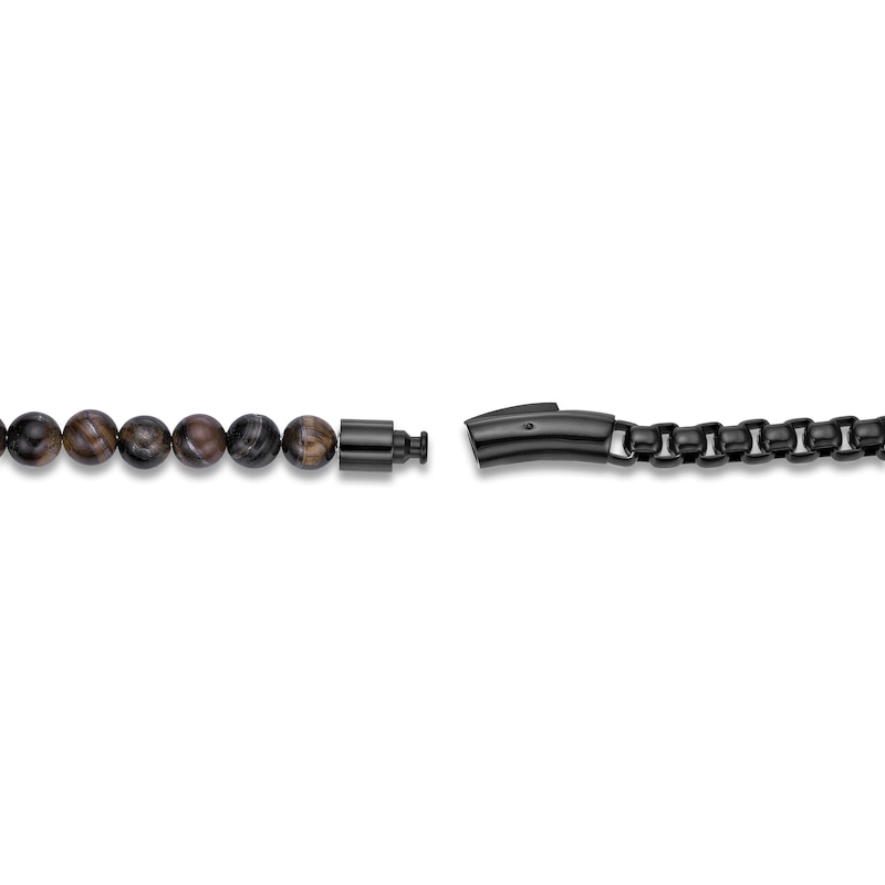 Men's Natural Tiger's Eye Quartz Bead & Box Chain Layered Bracelet Black Ion-Plated Stainless Steel 8.5"