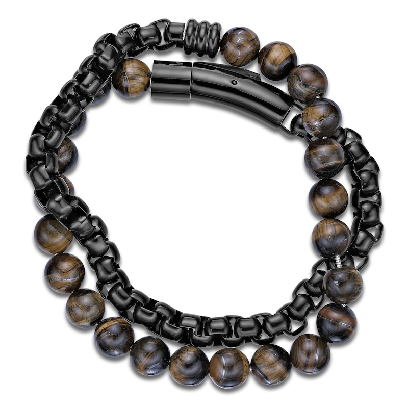 Men's Natural Tiger's Eye Quartz Bead & Box Chain Layered Bracelet Black Ion-Plated Stainless Steel 8.5"