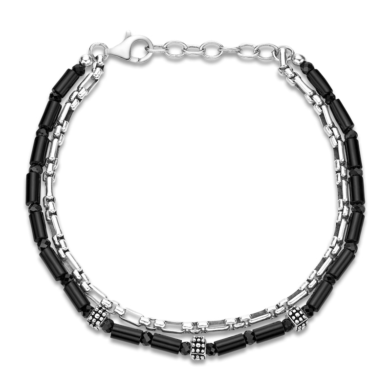 Main Image 1 of Men's Natural Black Agate & Black Spinel Bead Layered Chain Bracelet Sterling Silver 8&quot;