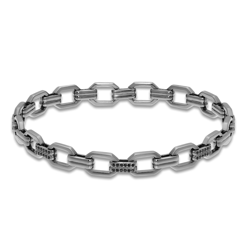 Main Image 1 of Men's Natural Black Spinel Geometric Link Bracelet Sterling Silver 8.5&quot;