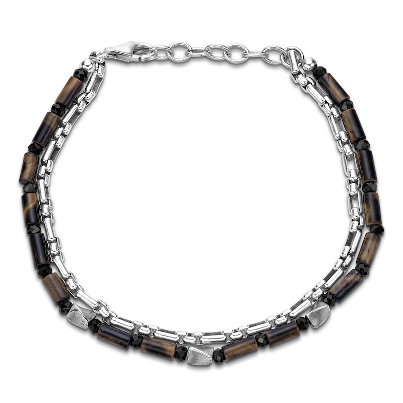 Men's Natural Tiger's Eye Quartz & Chalcedony Bead Layered Chain Bracelet Sterling Silver 8"