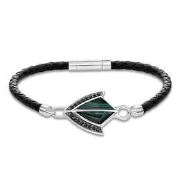 Men's Natural Malachite & Black Spinel Arrow Leather Bracelet Sterling Silver 8.5&quot;