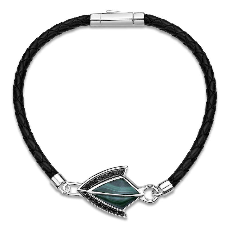 Main Image 2 of Men's Natural Malachite & Black Spinel Arrow Leather Bracelet Sterling Silver 8.5&quot;