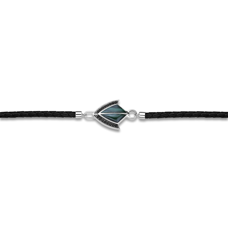 Main Image 3 of Men's Natural Malachite & Black Spinel Arrow Leather Bracelet Sterling Silver 8.5&quot;