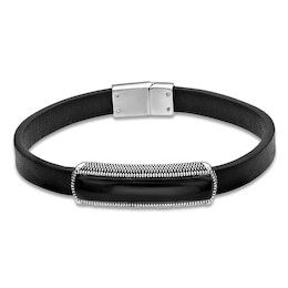 Men's Natural Black Agate Leather Bracelet Sterling Silver 8.5&quot;