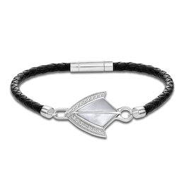 Men's Natural Mother-of-Pearl & White Lab-Created Sapphire Arrow Leather Bracelet Sterling Silver 8.5&quot;