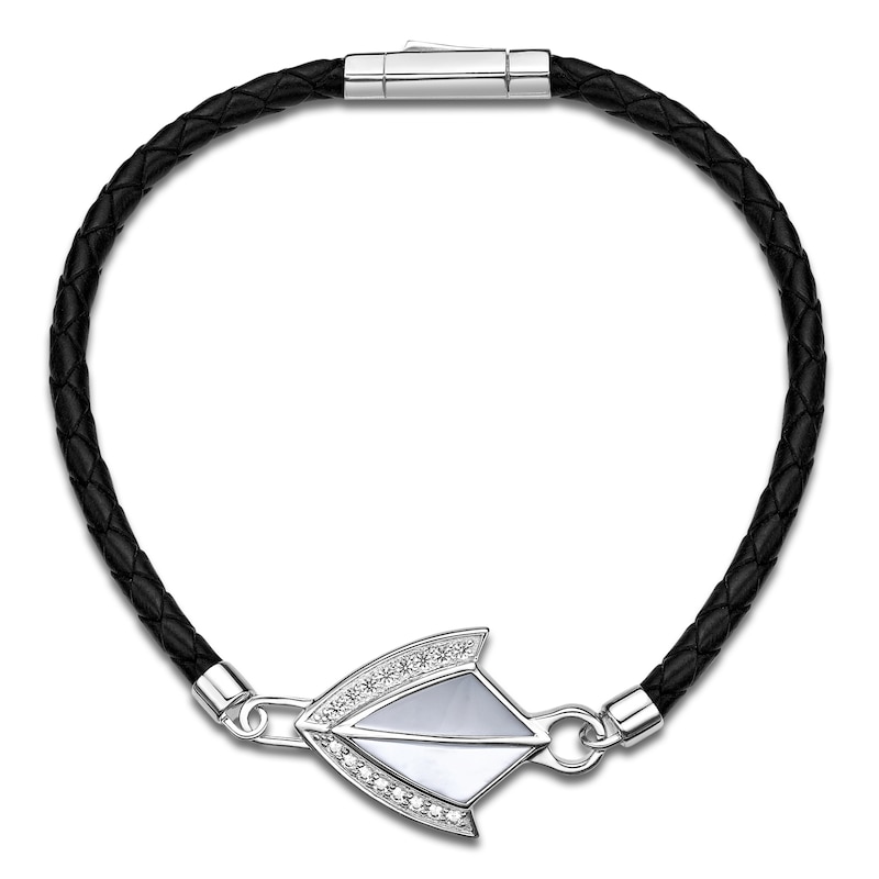 Main Image 2 of Men's Natural Mother-of-Pearl & White Lab-Created Sapphire Arrow Leather Bracelet Sterling Silver 8.5&quot;