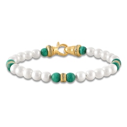 1933 by Esquire Men's Cultured Pearl & Natural Malachite Bead Bracelet 18K Yellow Gold-Plated Sterling Silver 8.75&quot;