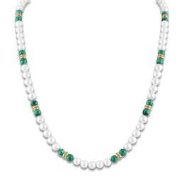 1933 by Esquire Men's Cultured Pearl & Natural Malachite Bead Necklace 18K Yellow Gold-Plated Sterling Silver 22&quot;