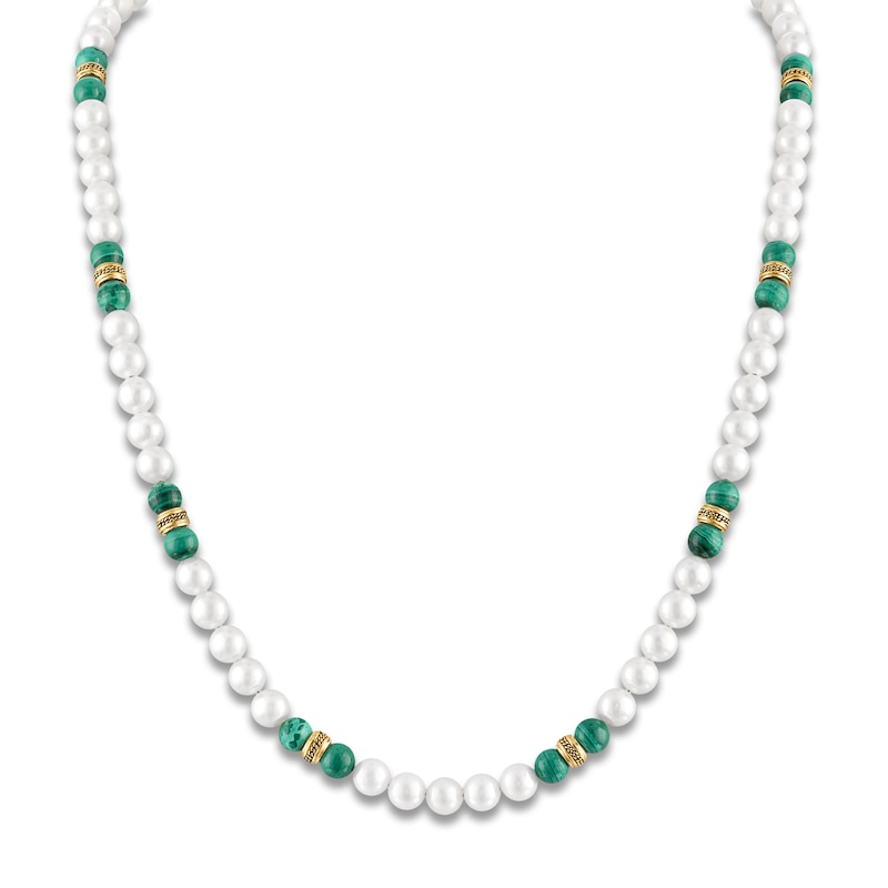 Main Image 1 of 1933 by Esquire Men's Cultured Pearl & Natural Malachite Bead Necklace 18K Yellow Gold-Plated Sterling Silver 22&quot;