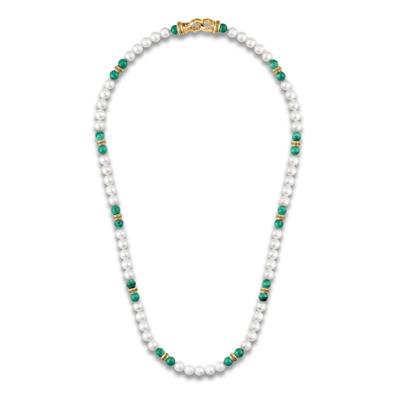 Main Image 2 of 1933 by Esquire Men's Cultured Pearl & Natural Malachite Bead Necklace 18K Yellow Gold-Plated Sterling Silver 22&quot;