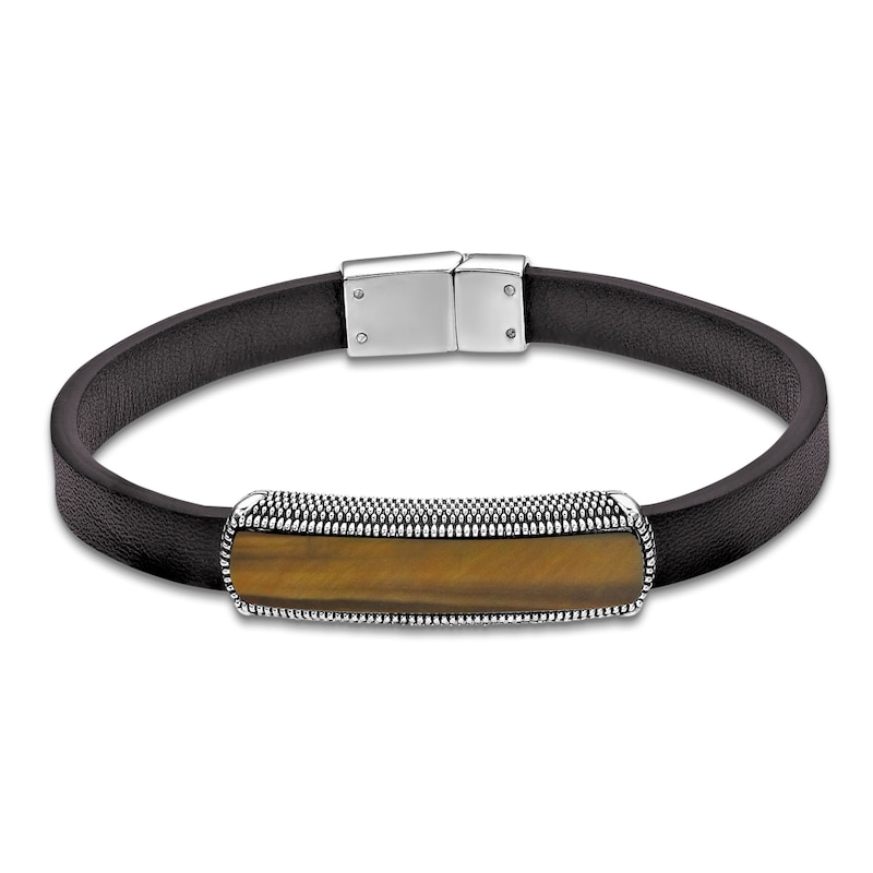 Main Image 1 of Men's Natural Tiger's Eye & Leather Bracelet Sterling Silver 8.5&quot;