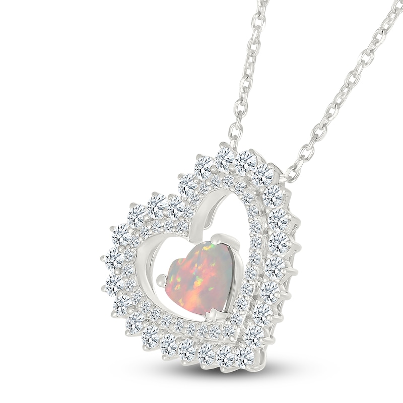 Heart-Shaped Lab-Created Opal & White Lab-Created Sapphire Tilted Heart Necklace Sterling Silver 18"