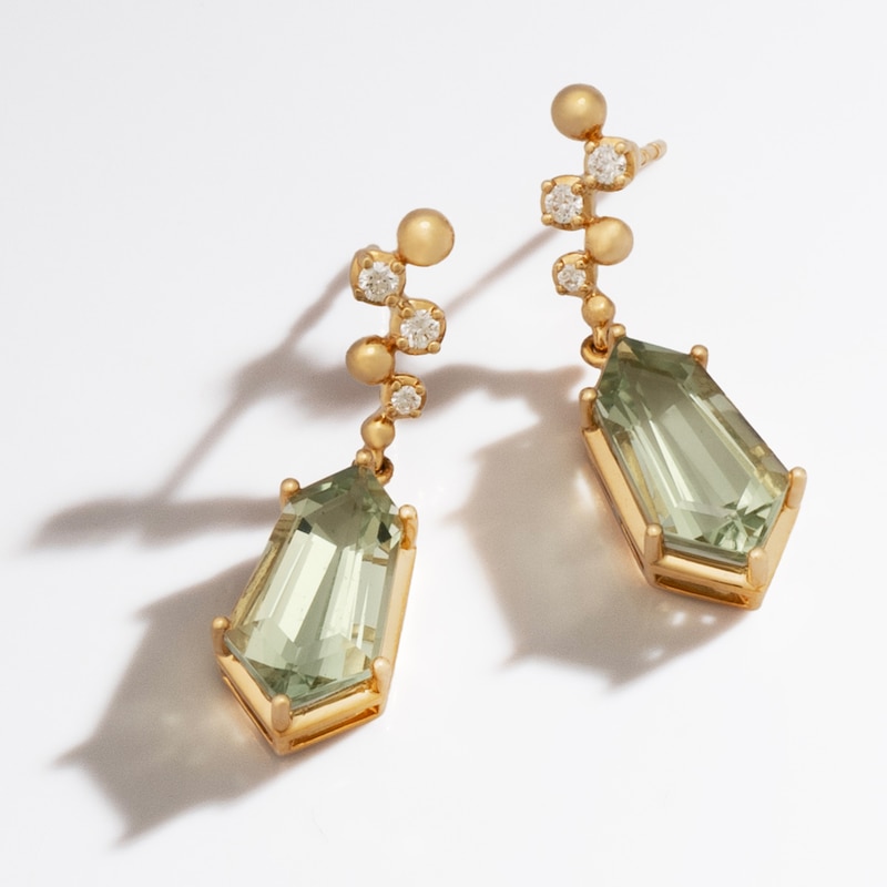 Main Image 3 of Le Vian Silhouette Elongated Shield-Cut Natural Green Quartz Dangle Earrings 1/8 ct tw Diamonds 14K Honey Gold