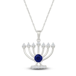 Blue & White Lab-Created Sapphire Menorah Necklace Sterling Silver 18&quot;