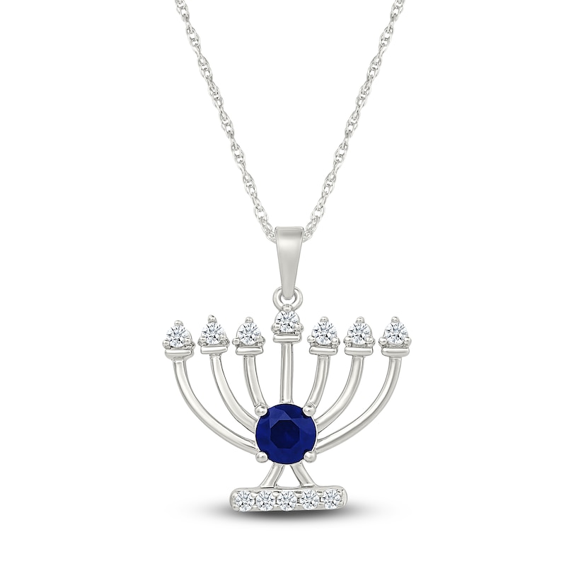 Main Image 1 of Blue & White Lab-Created Sapphire Menorah Necklace Sterling Silver 18&quot;