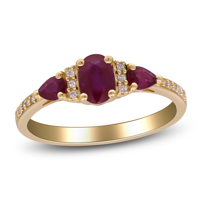 Main Image 1 of Oval-Cut & Pear-Shaped Natural Ruby & Diamond Three-Stone Ring 1/15 ct tw 14K Yellow Gold