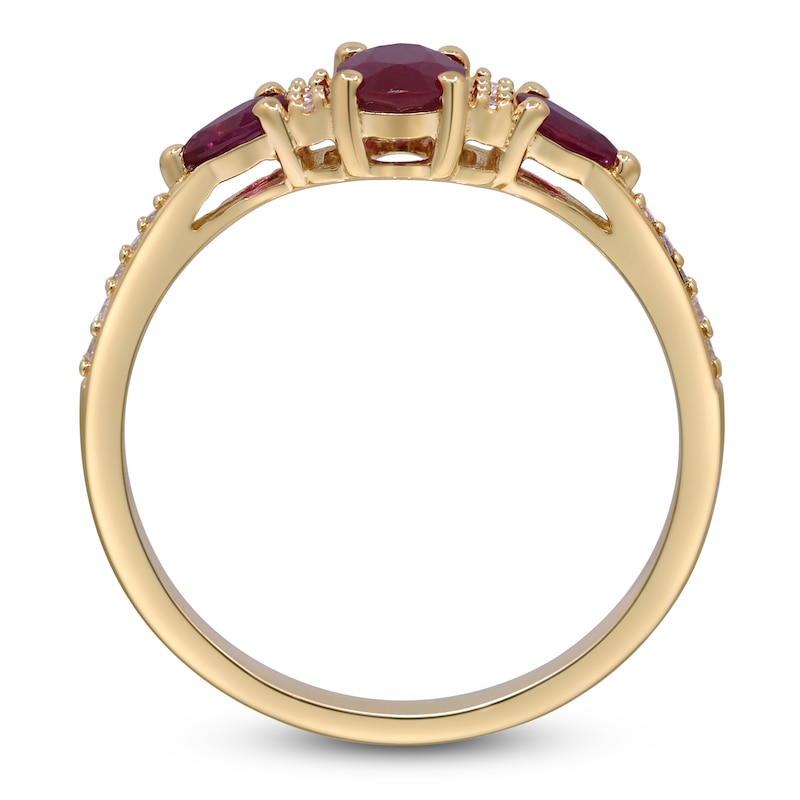 Main Image 3 of Oval-Cut & Pear-Shaped Natural Ruby & Diamond Three-Stone Ring 1/15 ct tw 14K Yellow Gold