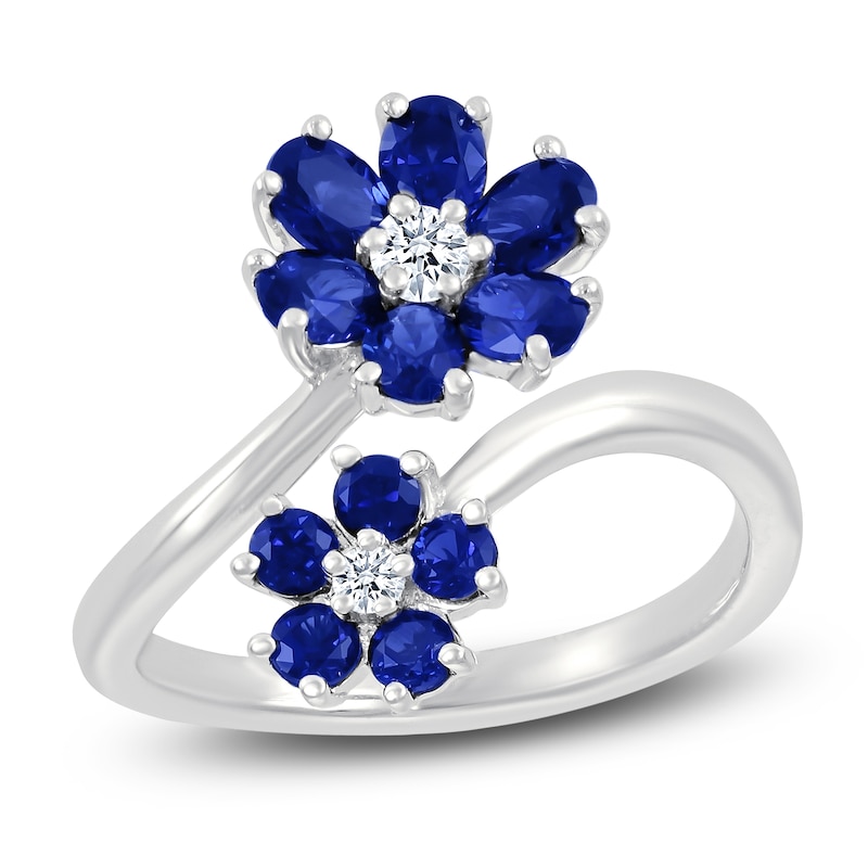 Oval-Cut Blue Lab-Created Sapphire & White Lab-Created Sapphire Bypass Flower Ring Sterling Silver