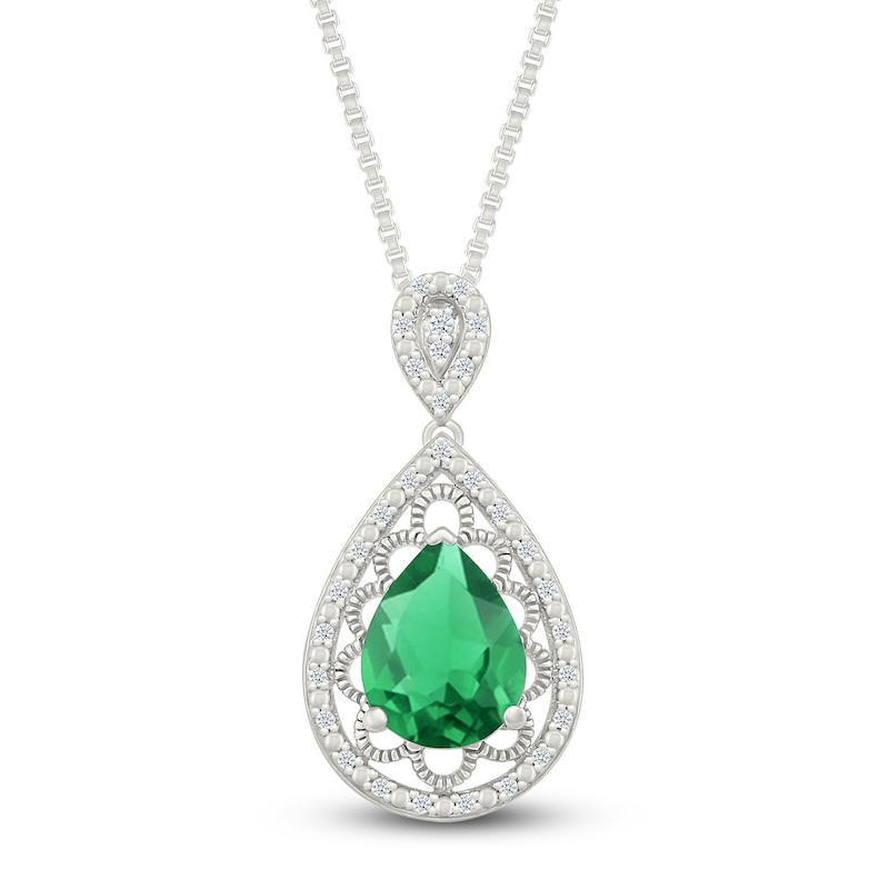 Main Image 1 of Pear-Shaped Lab-Created Emerald & Diamond Filigree Necklace 1/10 ct tw Sterling Silver 18&quot;