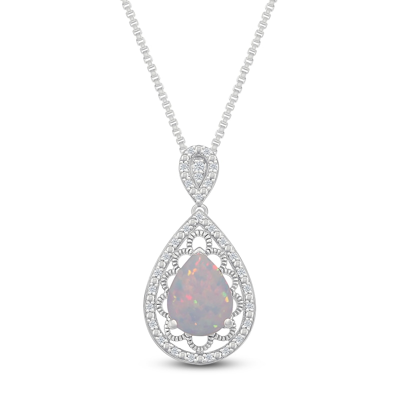 Main Image 1 of Pear-Shaped Lab-Created Opal & Diamond Necklace 1/10 ct tw Sterling Silver 18&quot;