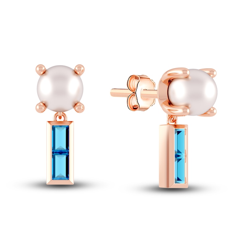 Main Image 1 of Juliette Maison Natural Blue Zircon Baguette and Freshwater Cultured Pearl Earrings 10K Rose Gold