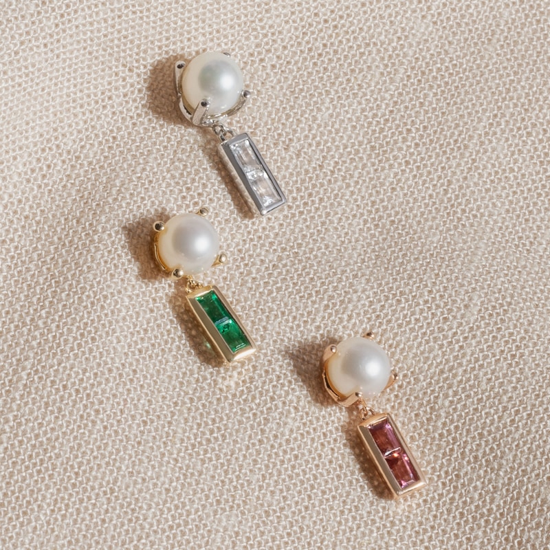 Main Image 3 of Juliette Maison Natural Blue Zircon Baguette and Freshwater Cultured Pearl Earrings 10K Rose Gold