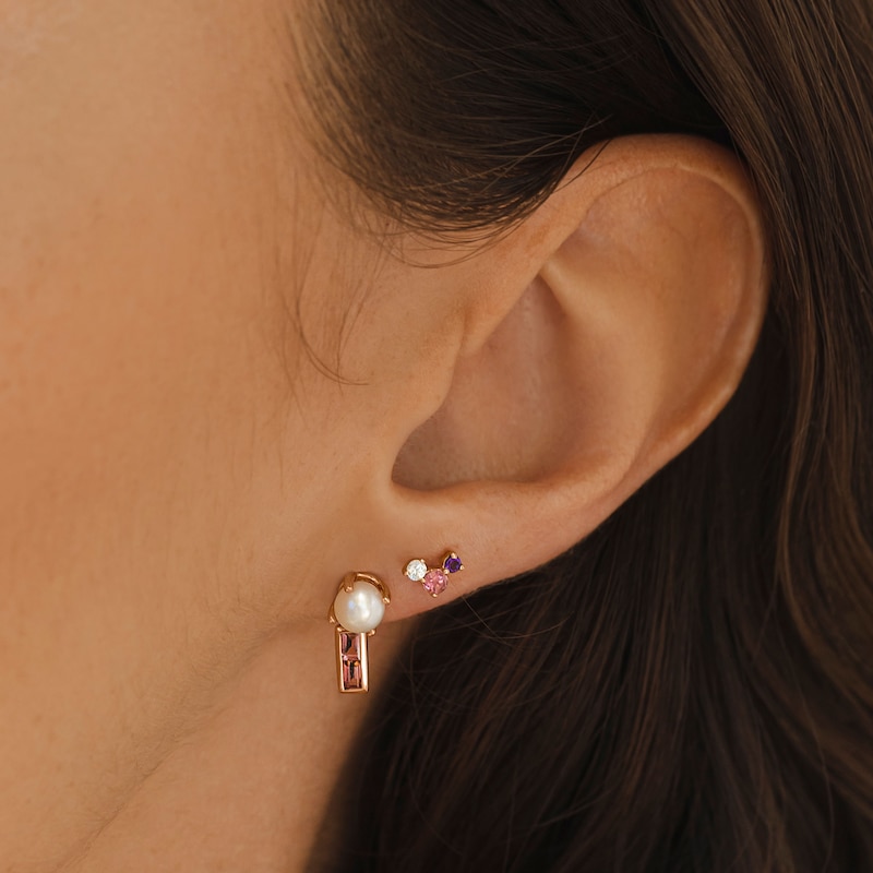 Main Image 4 of Juliette Maison Natural Blue Zircon Baguette and Freshwater Cultured Pearl Earrings 10K Rose Gold