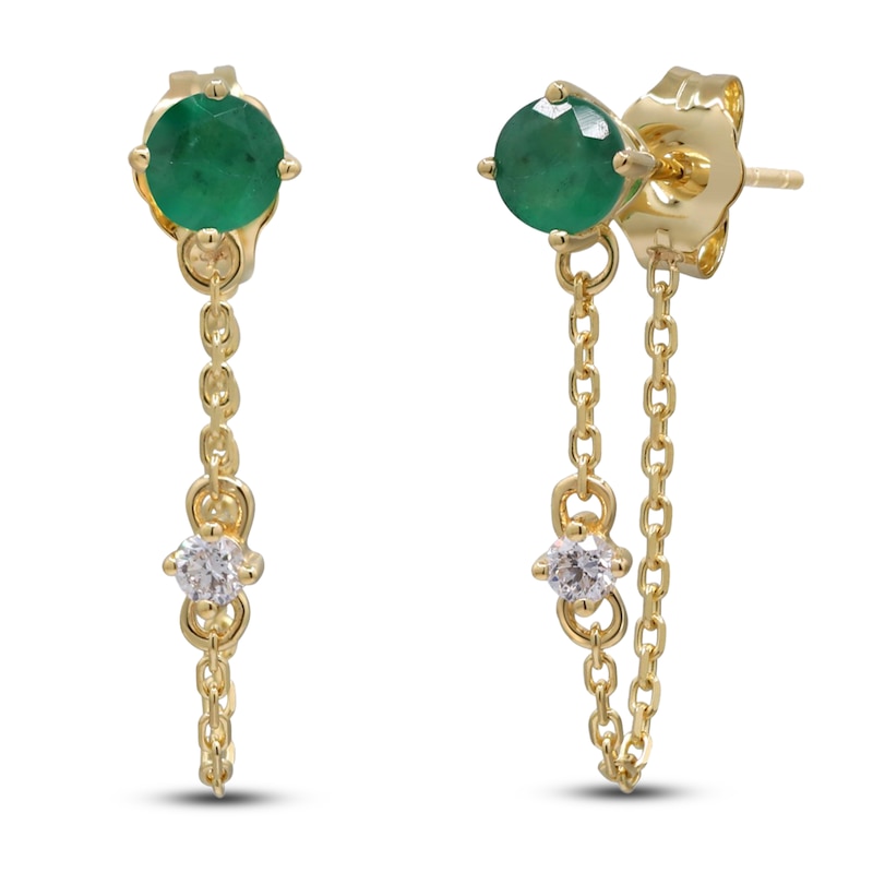 Main Image 2 of Natural Emerald Earrings 1/15 ct tw Diamonds 14K Yellow Gold