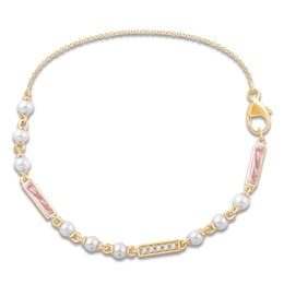 Children's Cultured Pearl, Pink Enamel & Diamond Accent Bracelet 14K Yellow Gold 6&quot;