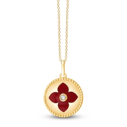 Children's Red Enamel Flower & Diamond Accent Locket Necklace 14K Yellow Gold 13&quot;