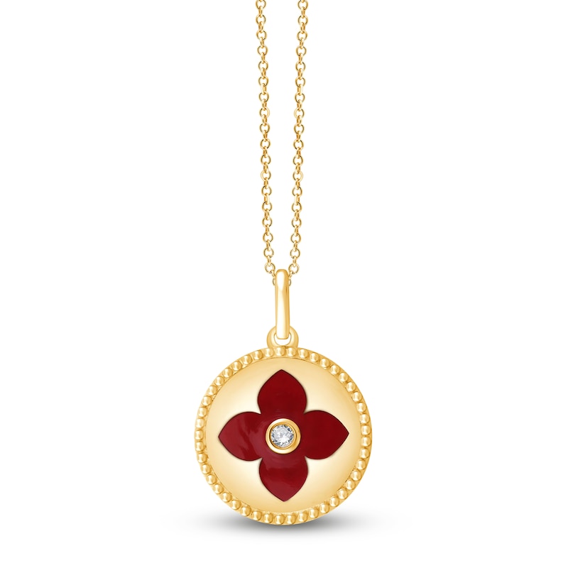 Main Image 1 of Children's Red Enamel Flower & Diamond Accent Locket Necklace 14K Yellow Gold 13&quot;