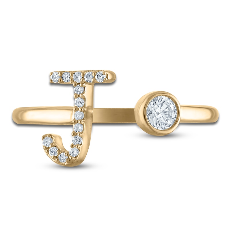 Diamond Initial Open Cuff Bezel Ring 1/4 ct tw 14K Yellow Gold